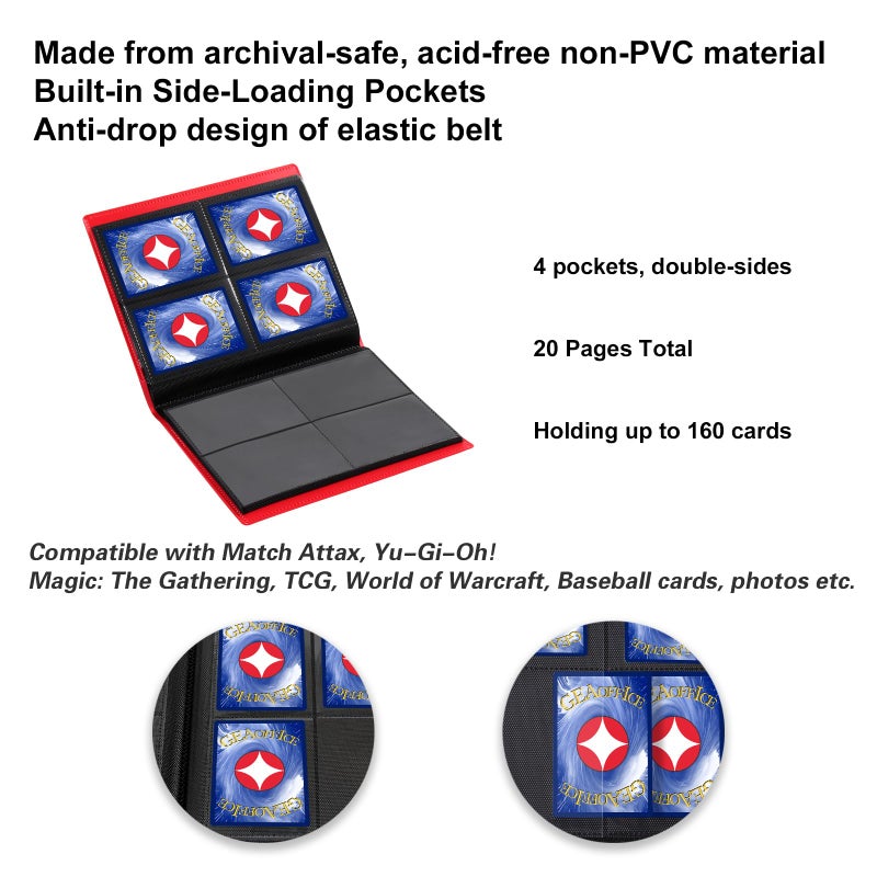 GEAoffice 4 Pocket Card Binder - 2 x 2 Trading Card Collection Album Folder - 160 Side Loading Pocket Binder for TCG MTG Sports Game Cards - هدايا للفتيات جامعي البطاقات (أحمر) - Image 5